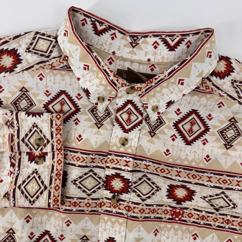 Ariat Button Down Shirt Mens XXL Tan Red Southwestern Geometric Long Sleeve